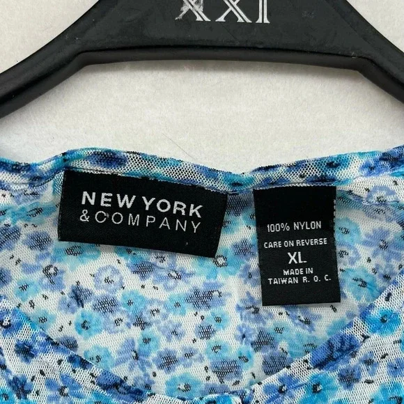 New York & Company Blouse Womens XL Blue Floral Button-Up Round Neck Long Sleeve - Picture 10 of 11